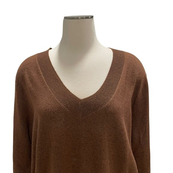 Womens Brown V-Neck Sweater L Recycled Polyester Oversized Sustainable Fall Soft - Picture 6 of 10